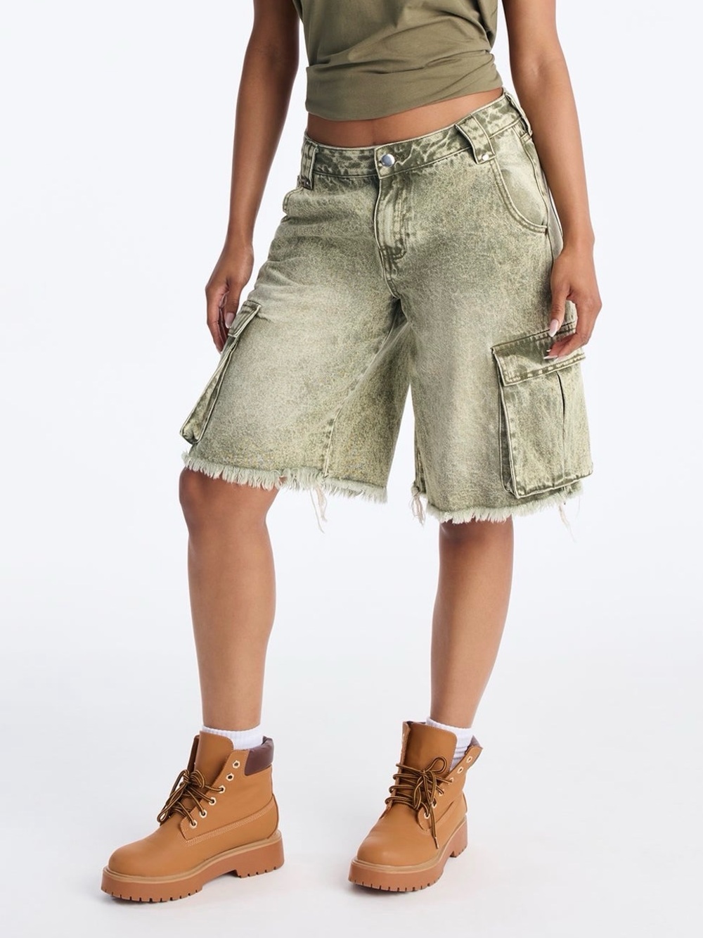 Mid Rise Cargo Denim Bermuda Shorts - Olive